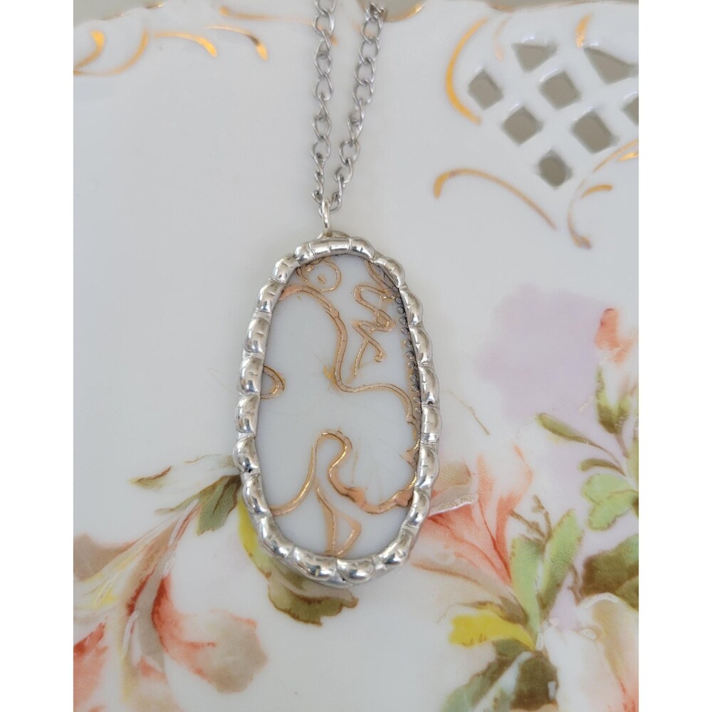Antique Nippon Broken China Raised Gold Design Pendant Necklace